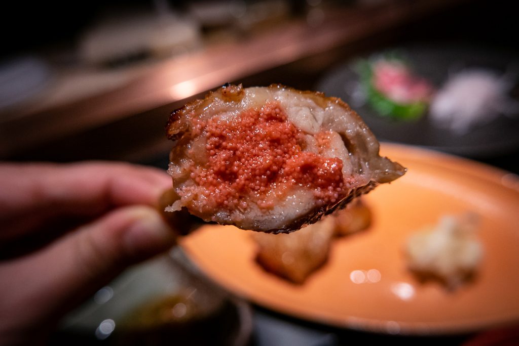 Mentaiko wings at Nakama, a Japanese restaurant in Shanghai specializing in high-grade beef yakiniku. Photo by Rachel Gouk. 