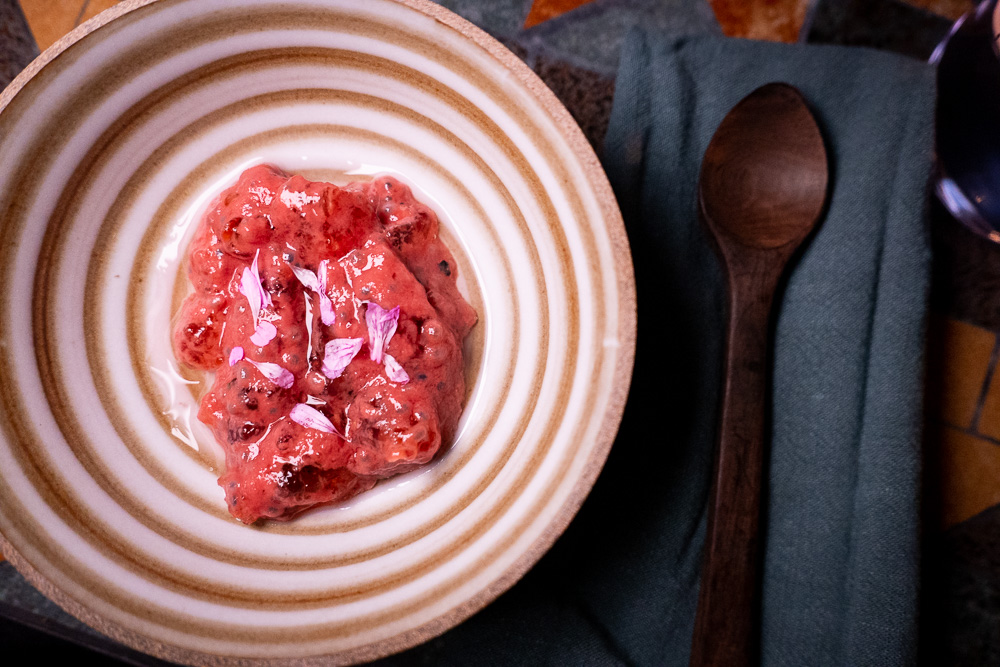 Peach gum dessert at Botanik, a seasonal, mostly plant-based sustainable restaurant in Shanghai. Photo by Rachel Gouk. 