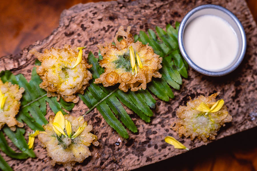Tempura marigold  at Perch, a pop-up dining experience by the team behind The Nest, Shanghai. Photo by Rachel Gouk. 