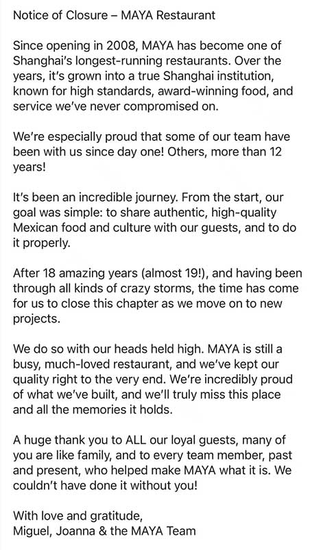 Maya Mexican restaurant announces closure in Shanghai