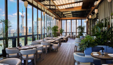 The terrace view at Spago Shanghai overlooks the Bund view.
