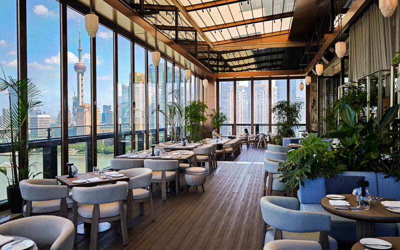 The terrace view at Spago Shanghai overlooks the Bund view.