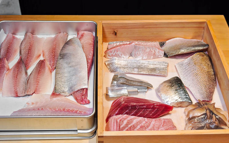 The seasonal sashimi selection at Uni Shushi's Xintiandi location, a display of fresh fish including tuna belly